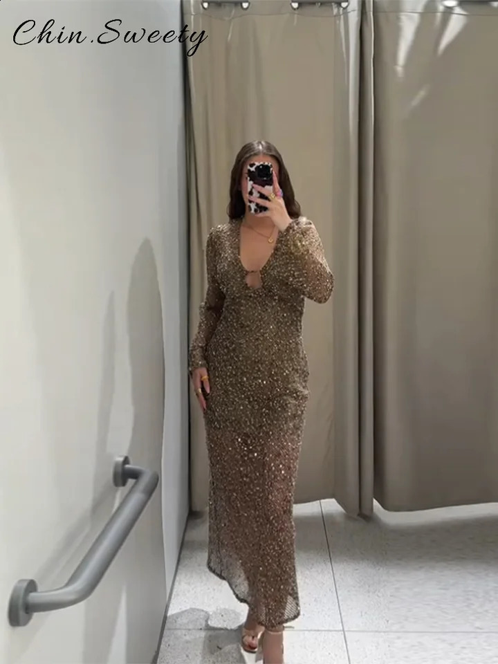 Sexy Sequined Long Pleated Dress Women Solid Deep V-neck Full Sleeve See Through Dresses 2025 Summer Lady Party Evening Robe 250703