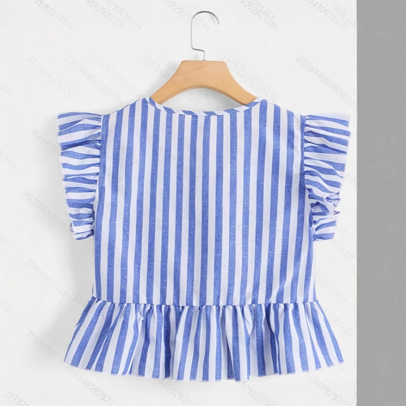 2025 summer new women's T-shirt V-neck ruffle and ruffle edge T-shirt fresh temperament striped decoration new designer T-shirt
