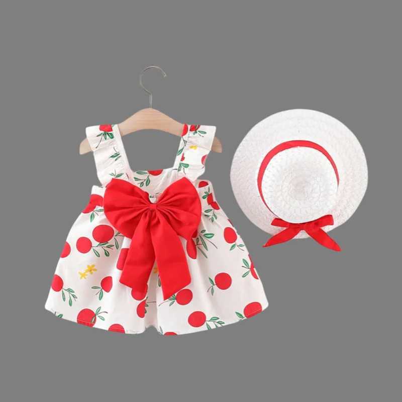 2-Piece Set of Toddler Girls Summer New Suspender Dress Childrens Babys Chest Big Bow Sweet Beach Dress with Hat Included R250707