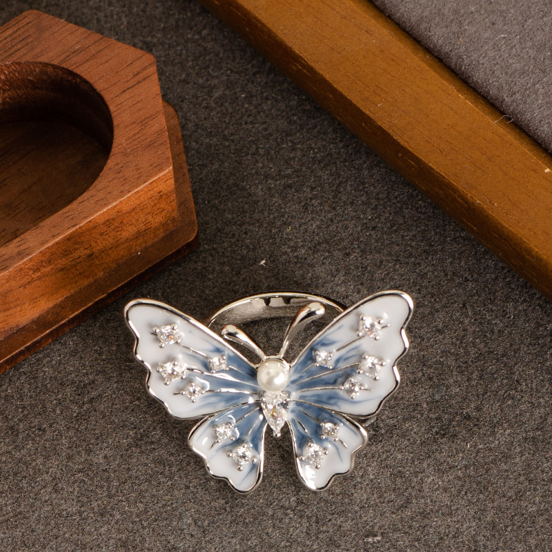 Exquisite Fashion Diamond-Studded Pearl Oil-Drip Butterfly Open for Women, Non-Fading, Petite Minimalist Style Adjustable Index Finger Ring
