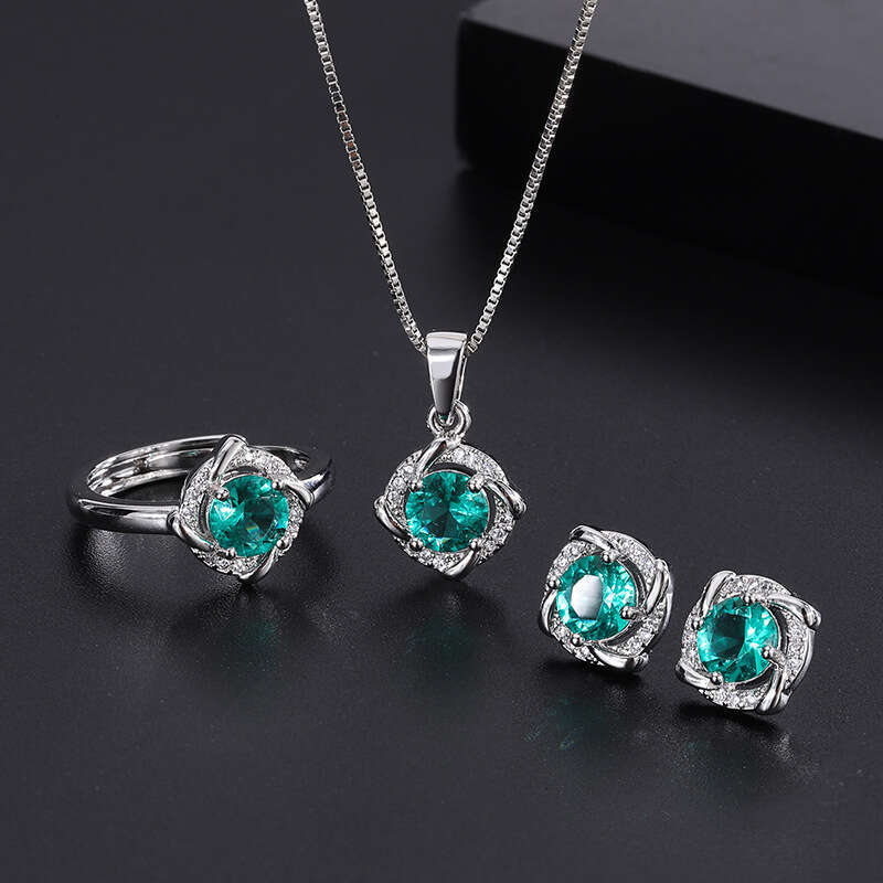 Jewelry Three-Piece Set S Sier Needle Imitation White Green Dia Earrings Ring Pendant Necklace D63
