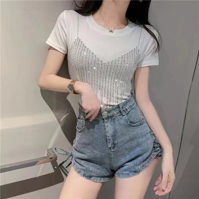2025 Summer New Women's T-shirt Embroidered Diamond Anti Strap Short Sleeve Women's T-shirt Summer New Large Round Neck New Designer T-shirt