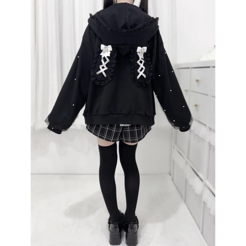 Bunny Hoodie Hoodies Y2K Rabbit Ear Hoodie Lolita Jacket Bow Girls Pearl JK Japan Lace Kawaii Zipper Cardigan Long Sleeved Top 250708