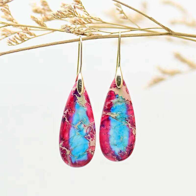 Natural Stone Red and Blue Matching Colorful Earrings Water Drop Studs - Shipped