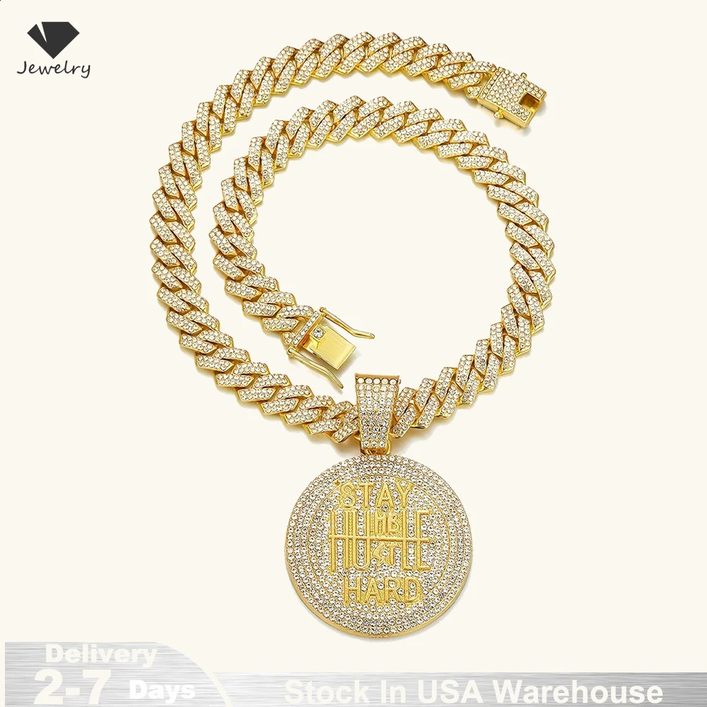 Men Women Hip Hop STAY HARD Pendant Necklace with 13mm Cuban Chain HipHop Iced Out Bling Necklaces Fashion Charm Jewelry USA 250707
