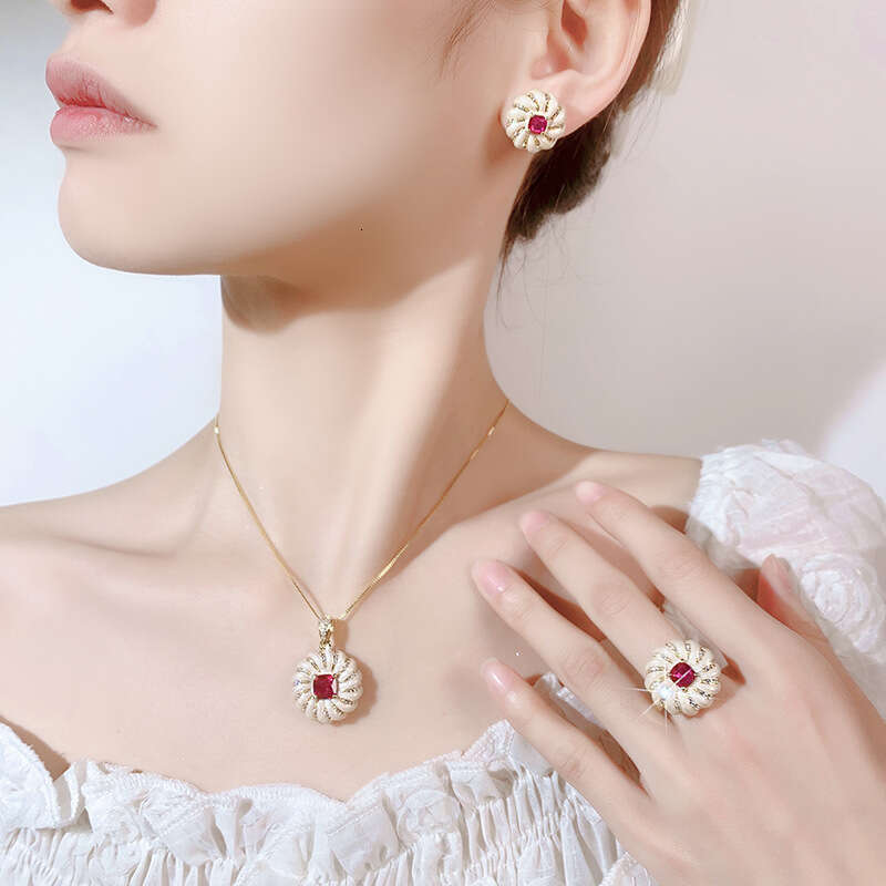 Hua Youmei Jewelry Set Decorative Earrings Necklace Ring Luxurious Palace Style Enamel Square Women's Model 8Bf