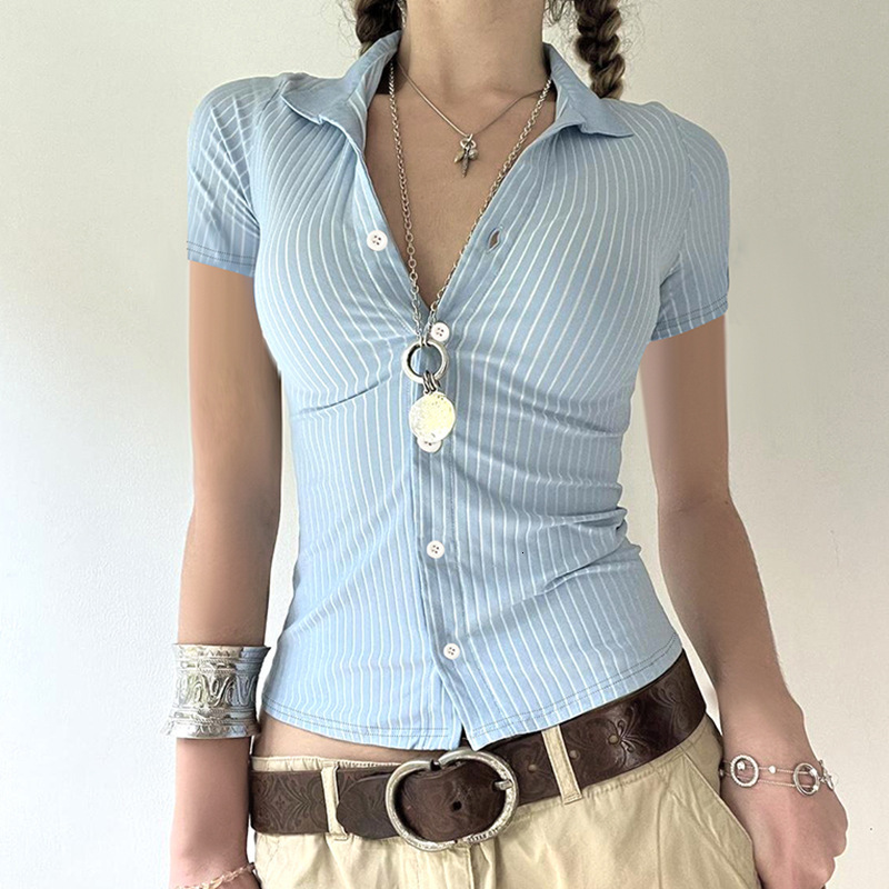 2025 Summer new women's T-shirt blue and white striped lapel button short sleeved T-shirt sexy slim fit cardigan new designer T-shirt