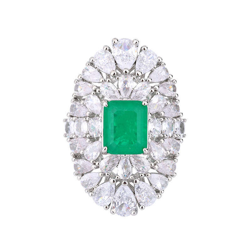 Luxurious Ring Aquamarine Zircon For Women, Copper Base With Gold Plating And Emerald Inlay 501