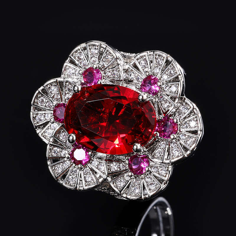 Royal Blue For Women With Flower And Emerald, Fashionable Red Corundum Ring 002