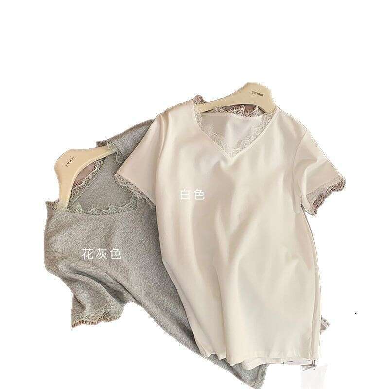 Sweet Style Lace Trim V-Neck Short Sleeve T-Shirt For Women Summer New High-End Loose Versatile Solid Color Top B5