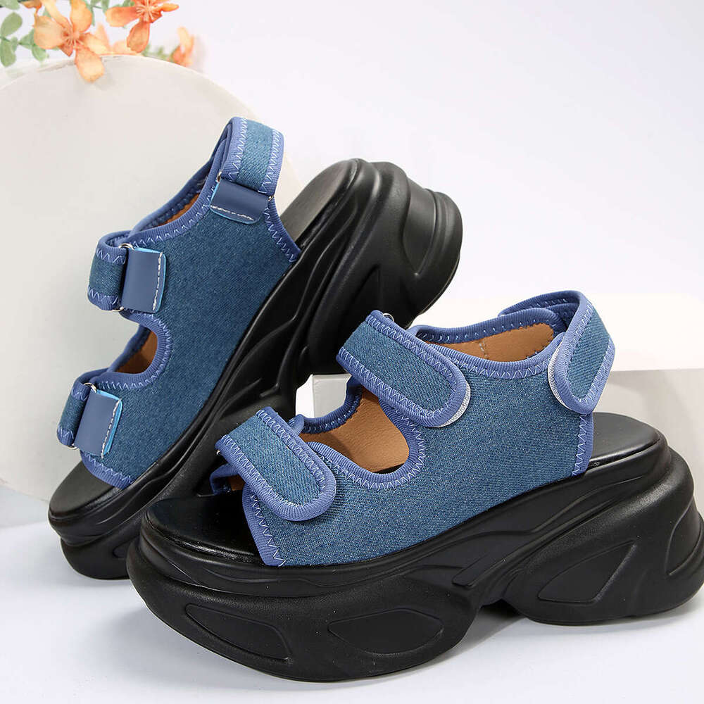 New Style Platform Magic Tape Large Size Thick Sole Sandals Denim Women's Shoes
