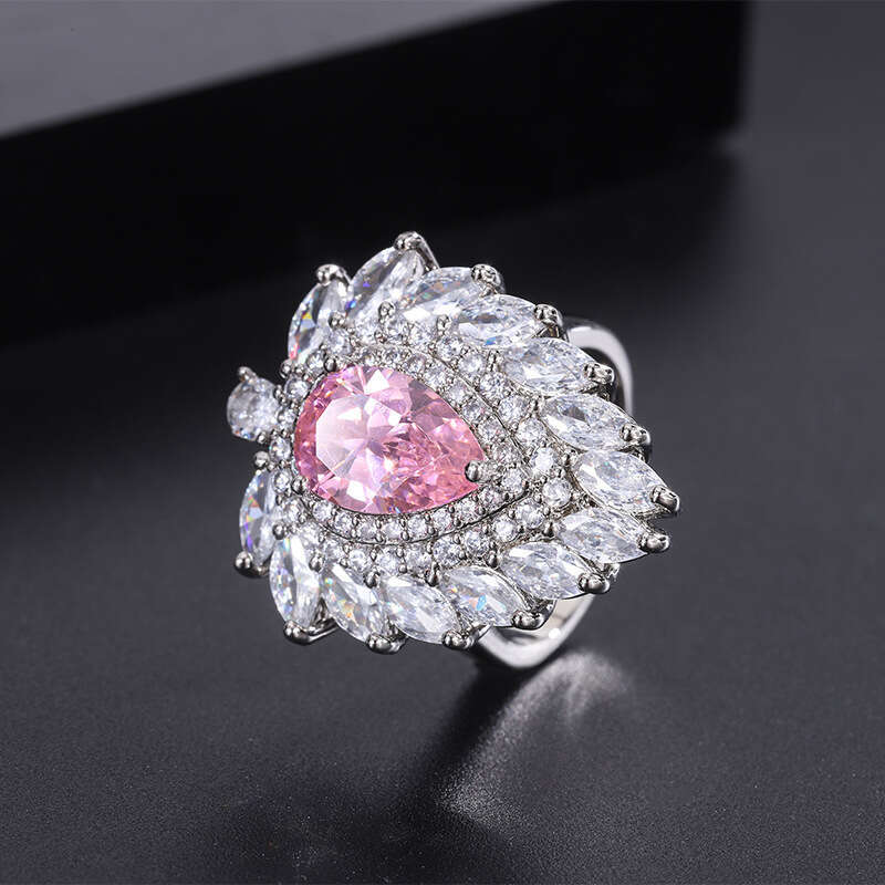 S Sier Needle Trendy Imitation Jewelry Accessories Set High-End Pink Dia Earrings Ring Pendant For Women 590