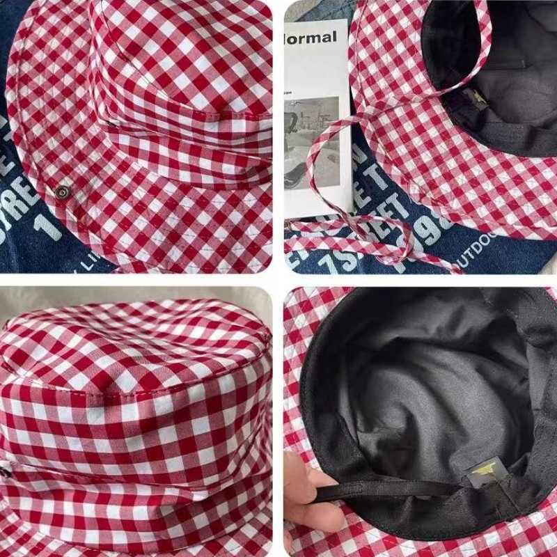 Vintage Plaid Bucket Hats Women Versatile Sweet Lace-up Fishermans Hat Summer Wide Brim Sun Protection UV Protection Sun Hat Y250707