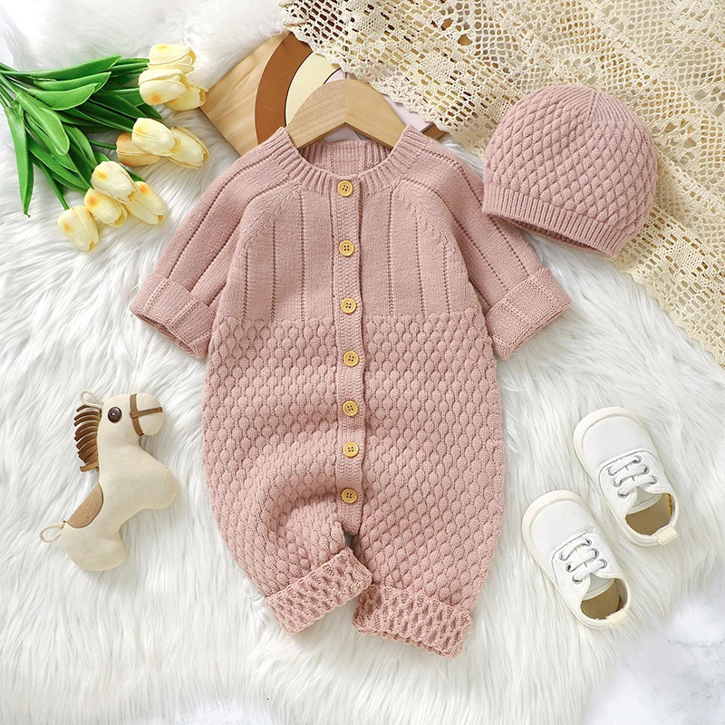 0-18m Autumn Winter Long Sleeve Knitted born Boys Girls Jumpsuits Hats Outfits 2pcs/Sets Infant Overalls Baby Romper Clothes 250707