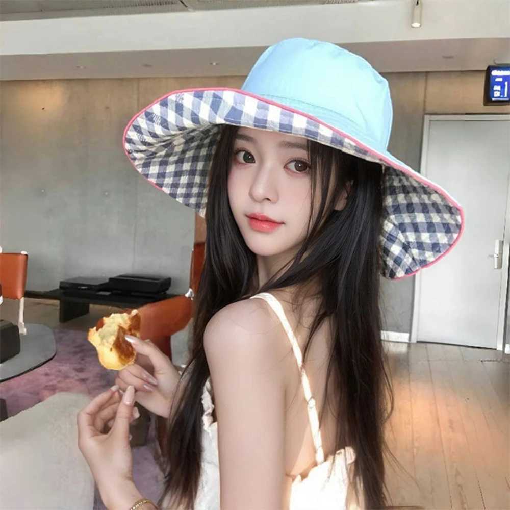 Versatile Double-Sided Bucket Cap Face Show Wearable Color Clash Plaid Sun Hat Breathable Women Fisherman Cap for Vacation Y250707