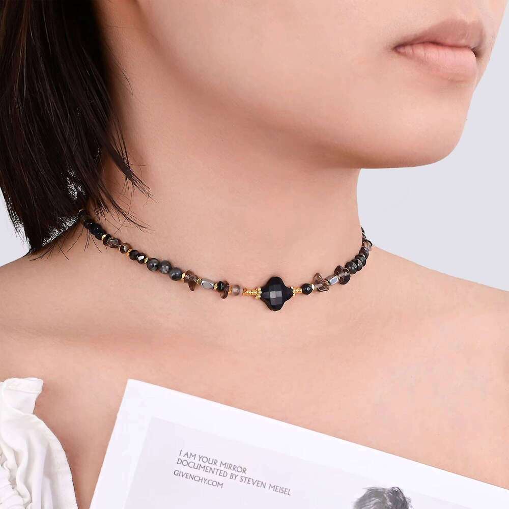 Bohemian Black Onyx Four-Leaf Clover Natural Stone Bead Phone Chain Multi-Use Friendship Jewelry