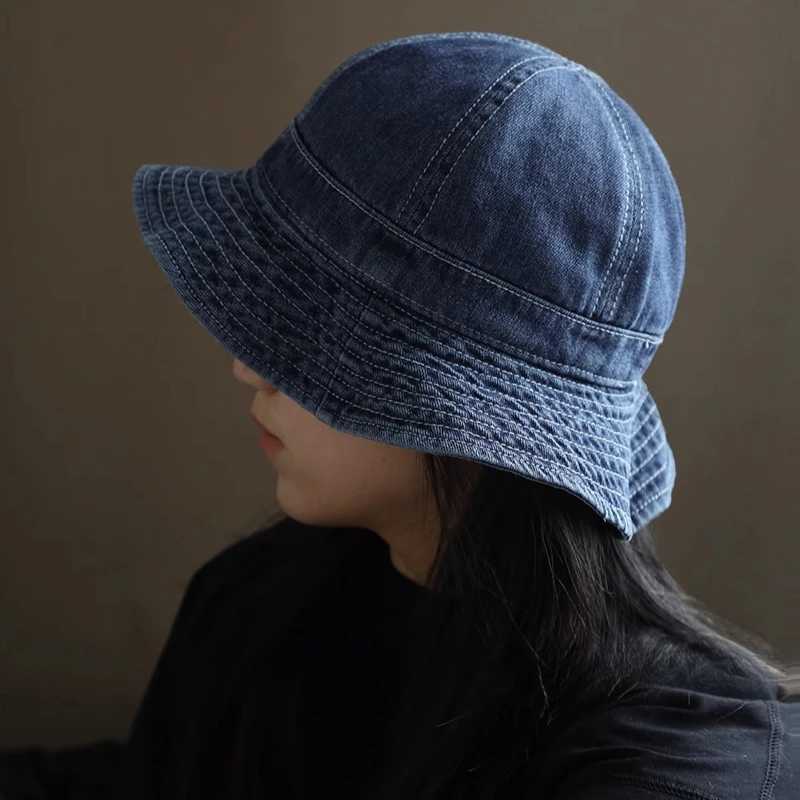 Japanese Retro Simple Dome Denim Basin Caps for Women Spring and Summer Travel Casual Versatile Sunscreen Bucket Hats Men Y250707