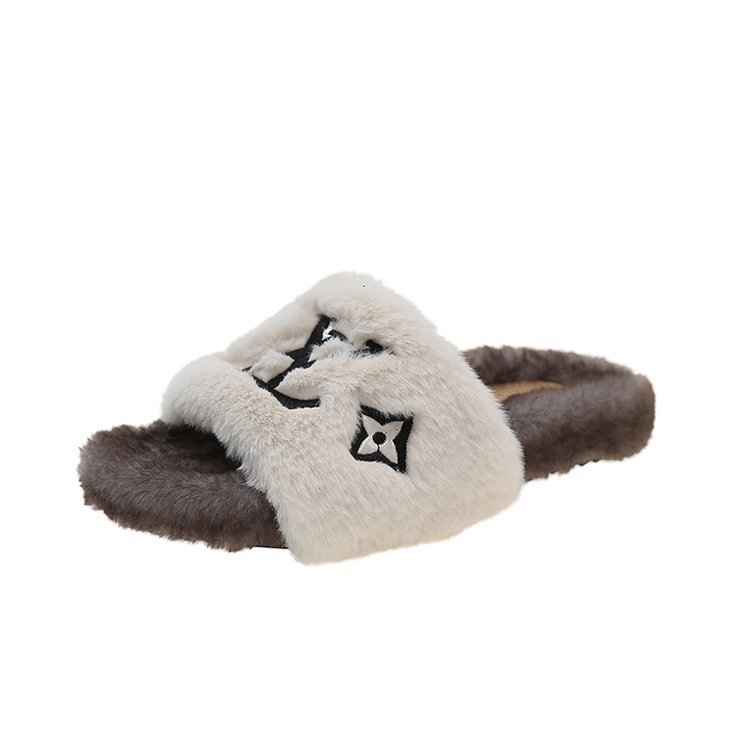 Free shipping designer's new embroidery home one line drag thick bottom color blocked letters for women wearing hairy slippers classics
