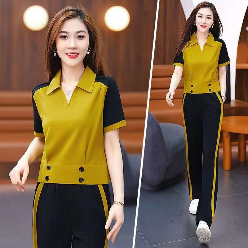 Turn-Down Collar Sports Suit For Women Summer New Casual Commuting Fashion Age-Reducing Stylish Two-Piece Set B5