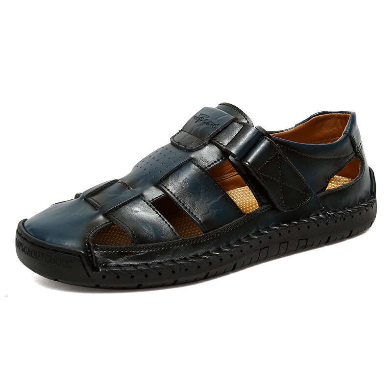 Genuine Leather Cowhide Stitched Slippers for Men 2024 Summer New Outdoor Men's Beach Sandals Trendy