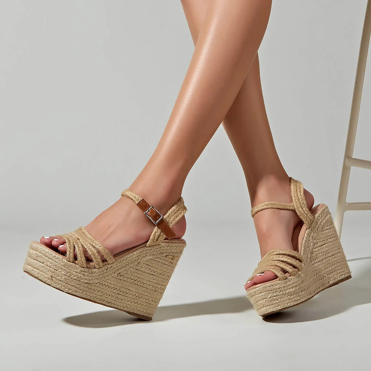EAGSITY 2024 n bohemian wedges platform peep toe sandals ankle strap high heel comfort casual shoes pumps rope sole 250703