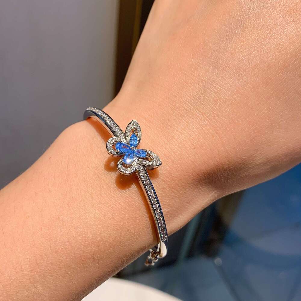 Douyin Live S Sier Needle Sea Blue Dia Butterfly Three-Piece Set Bracelet Necklace Ring Earrings Wedding Jewelry E03