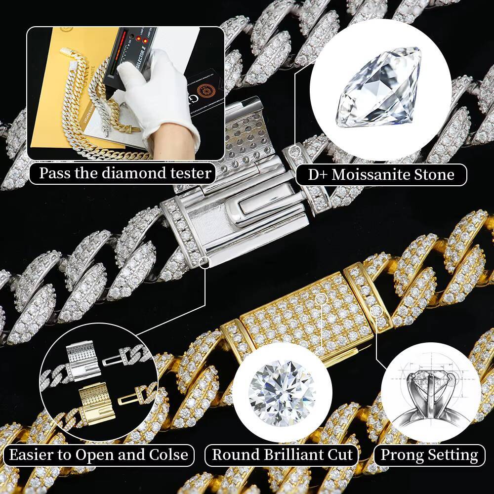 Custom men hiphop 10mm white gold plated sterling sier iced out mossanite moissanite dia cuban necklace link chain