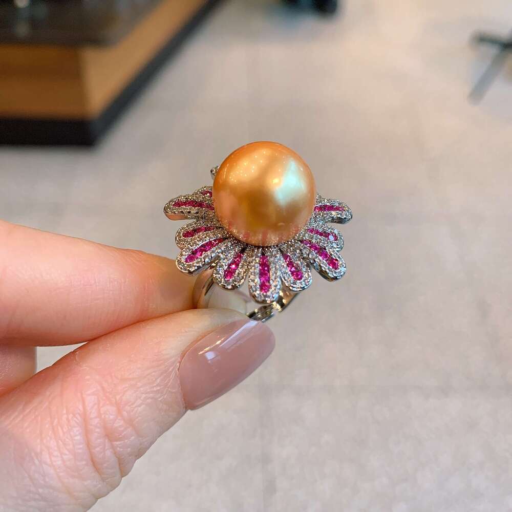 Tiktok Australian Mother-Of-Pearl Pearl Micro-Paved Red Ruby Fashion Adjustable Ring 0B6