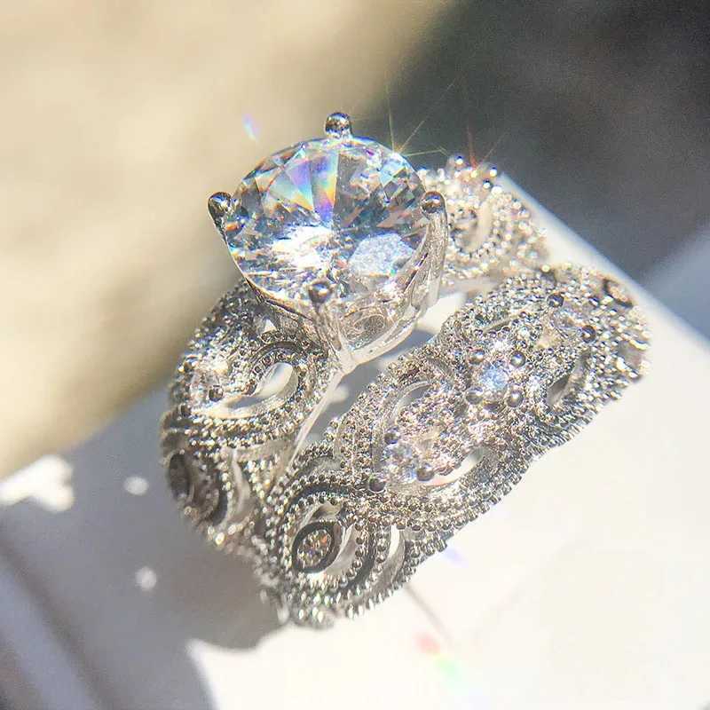Fashion Luxury Female Crystal White Zircon 925 Sterling Silver Ring Wedding Bridal Sets Promise Engagement Rings for WomenXJ250707