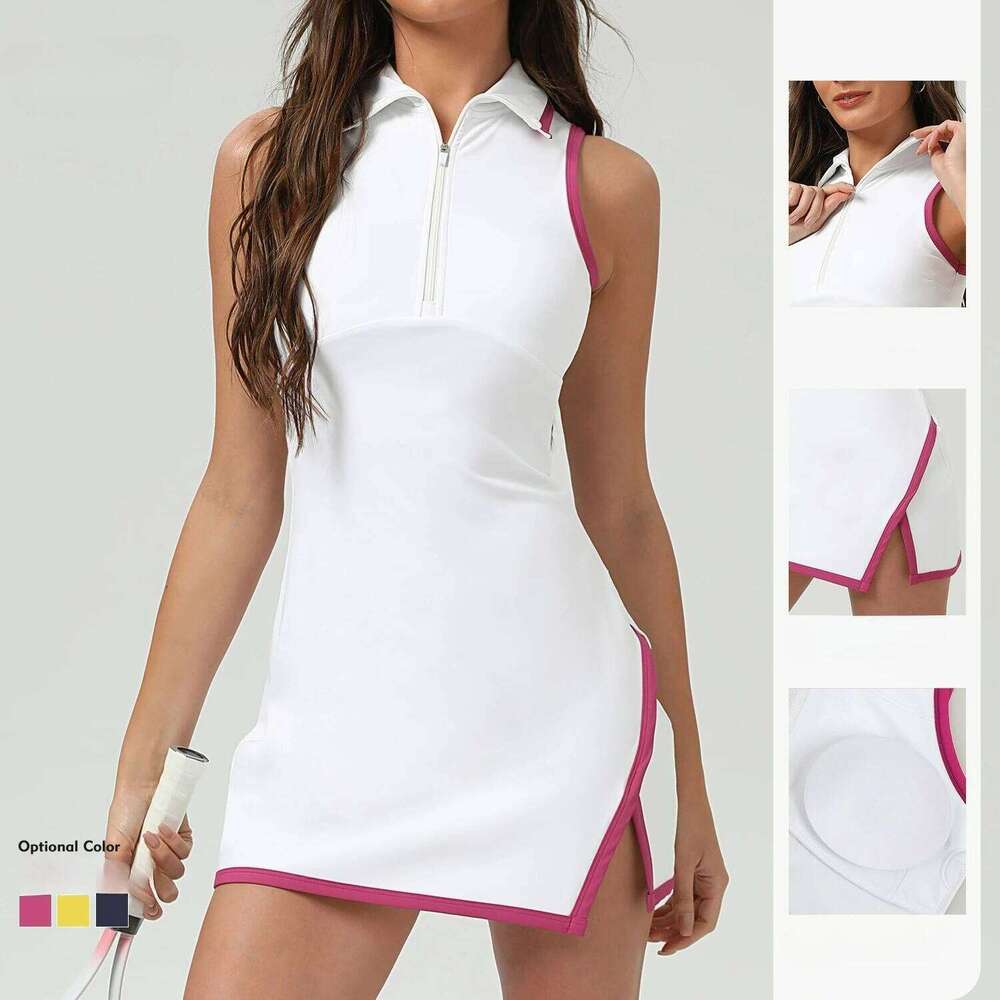 Clashing Color Polo Tennis With Zipper Golf Sports Dress Women Quick-Dry Stretchy Jumpsuits Badminton Trainning Outfits
