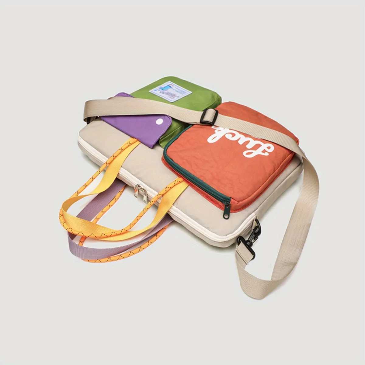 Womens niche color blocked cartoon pattern computer bag portable one shoulder handbag university style daily commuting bag