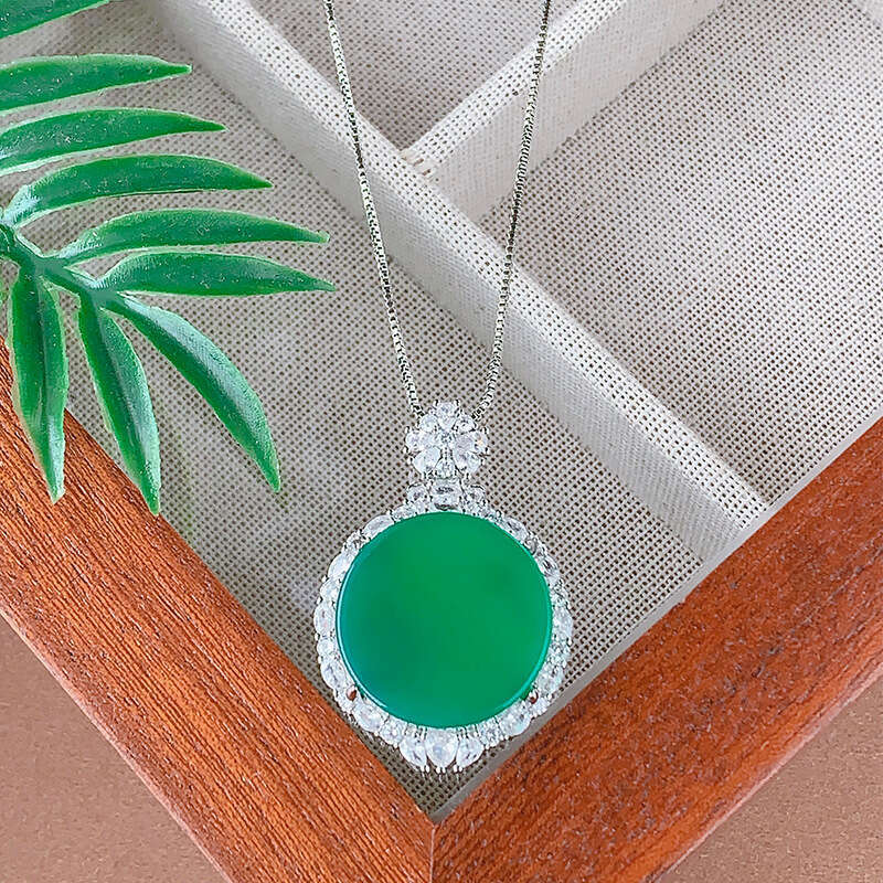 Autumn Winter Chinese Style Imperial Necklace And Earring Set Natural Green Chalcedony Round Peaceful Temperament Earrings 27D