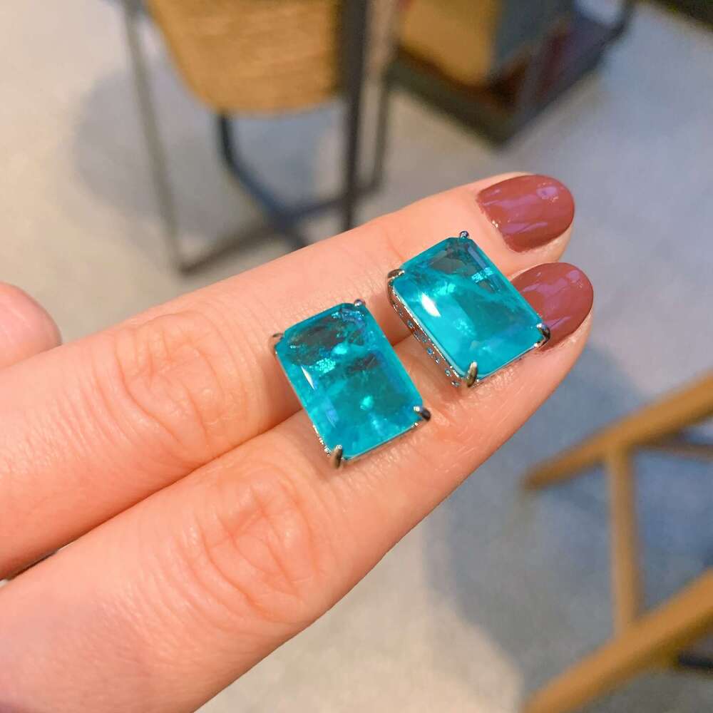 Tiktok Live Paraiba Blue Light Rectangular Earrings Pendant Simple Women's Style 9E6