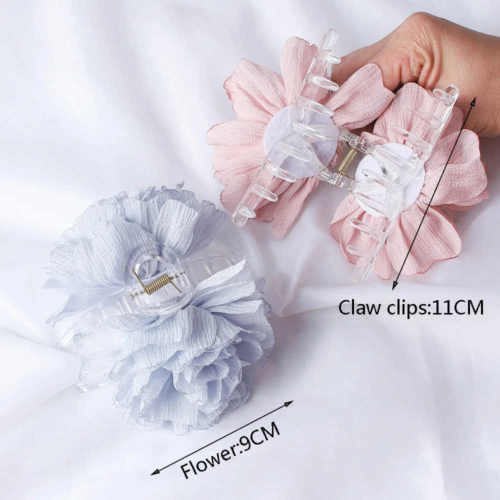Fabric Big Flower Hair Claw Clips Women Girls Soft Chiffon Flowers Ponytail Holder Hair Clips Barrette Fashion Hair Accessories Y250707