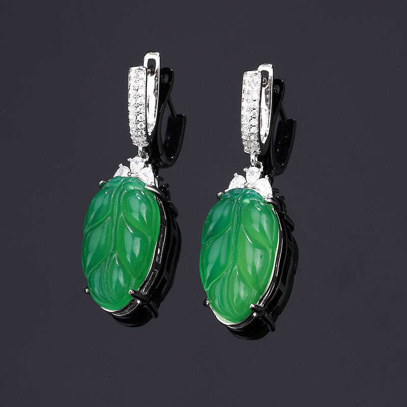 Huayoumei Jewelry Imitation Green Chalcedony Small Leaf Ring Earrings Women's Set 9C5