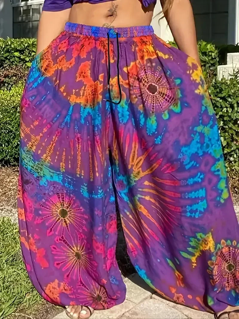 Plus Size 1XL5XL Women Fashion Tie Dye Comfort Wide Leg Pants Female Casual Vacation High Waisted Loose Long Trousers 250628