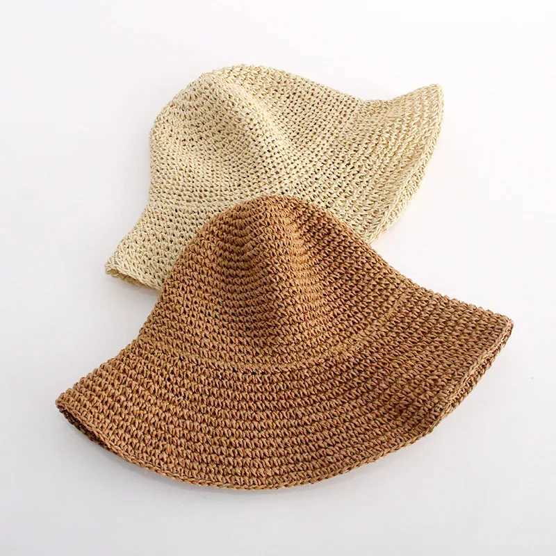 Straw Hat Womens Summer Simple Handmade Straw Woven Retro Fisherman Hat Big Edge Foldable Sun Hat Y250707