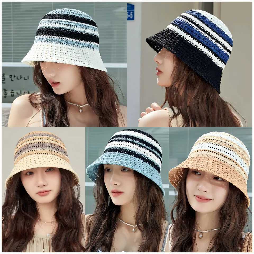 Spring Summer Straw Sun Hat for Women Hollow Colorful Striped Bucket Hat Outdoor Fisherman Hat Beach Travel Panama Caps Mom Gift Y250707