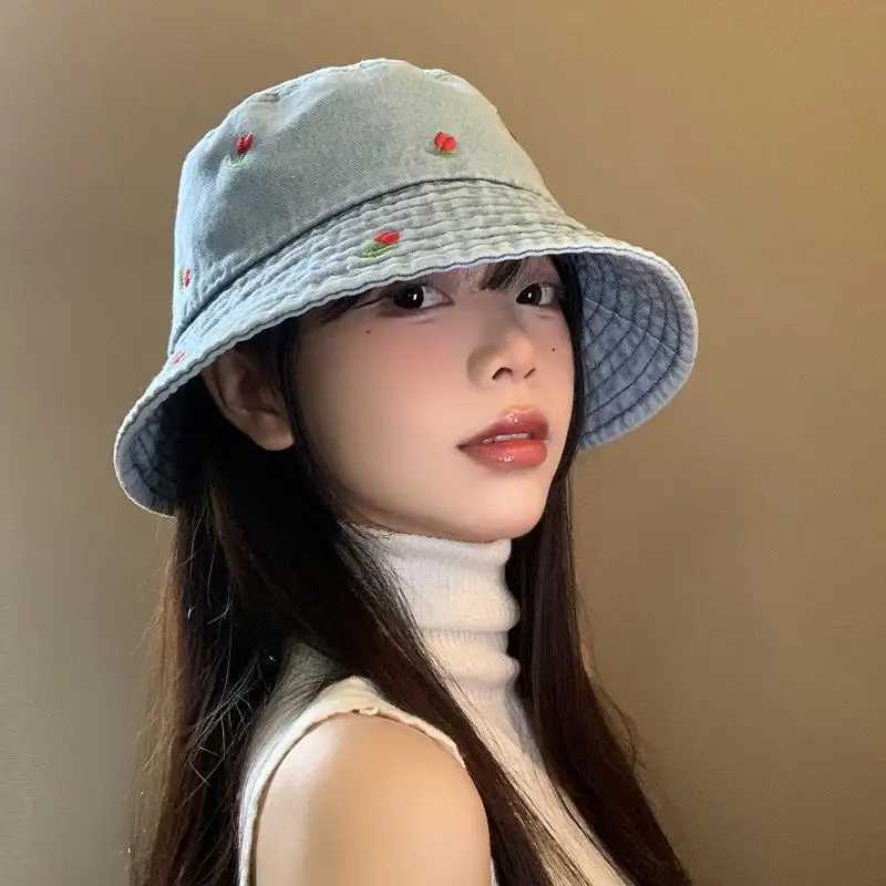 New Summer Hat For Women Denim Bucket Hat Embroidery Heart Butteryfly Daisy Wide Brim Fisherman Spring Best Matched Sun Hat Y250707