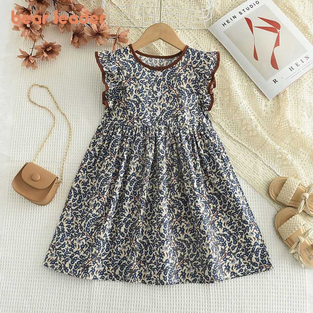 3-7 Years Bear Leader Summer Flying Sleeve Round Neck Girls Princess Dress Flower Kids Clothes with Button R250707