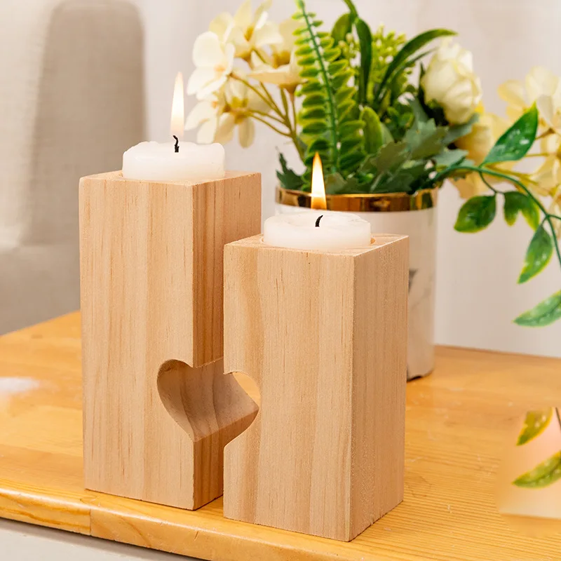 Tealight Holder, Wood Holders Table, Set of 2 Combined Heart Candle Stands for Home Decor Romantic Decoration H260310