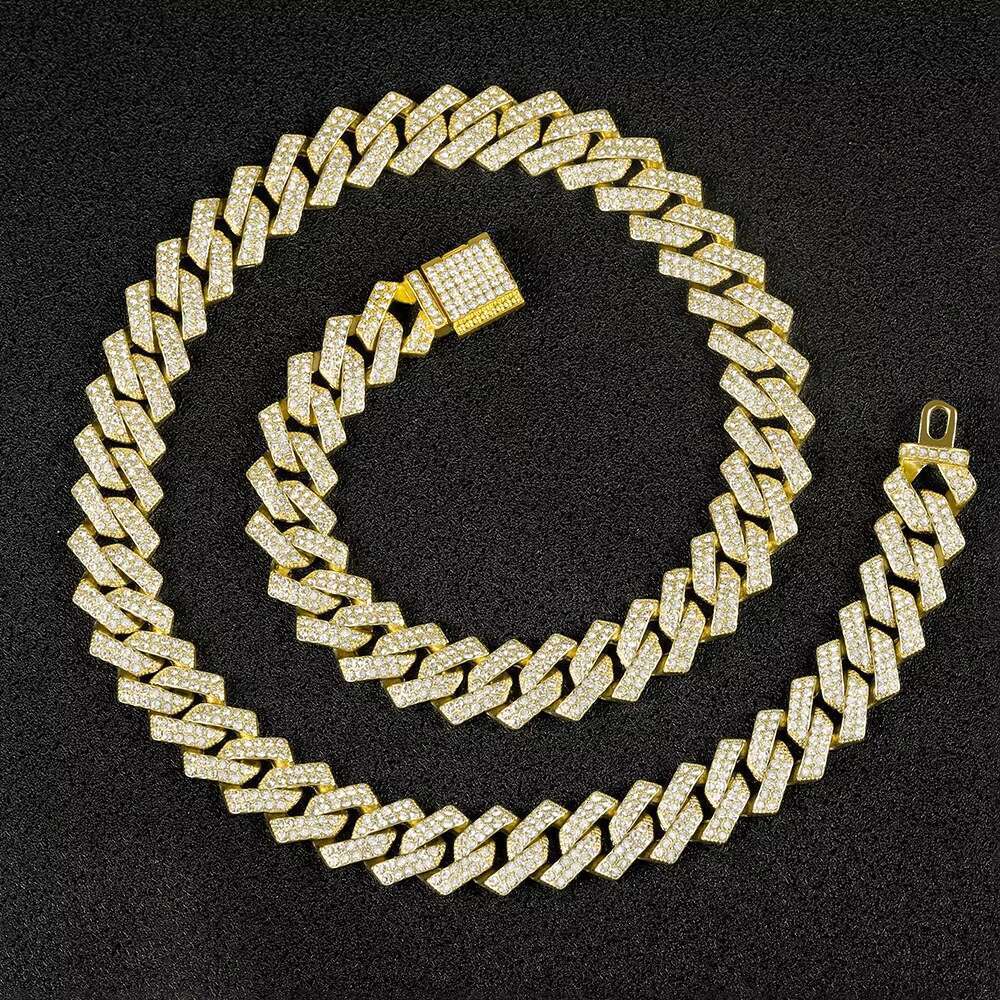 Moissanite Cuban Link Chain 15MM Diamond Gold Plated Alloy Fashion Jewelry Hip Hop Necklace Bracelet for Men