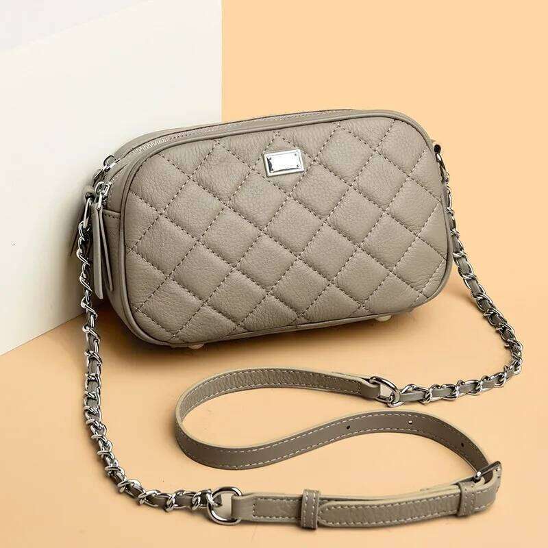 100% Genuine Leather Single Shoulder Crossbody Purse Cowhide Small Fragrant Wind Dia Grid Chain Tofu Premium Camera Bag