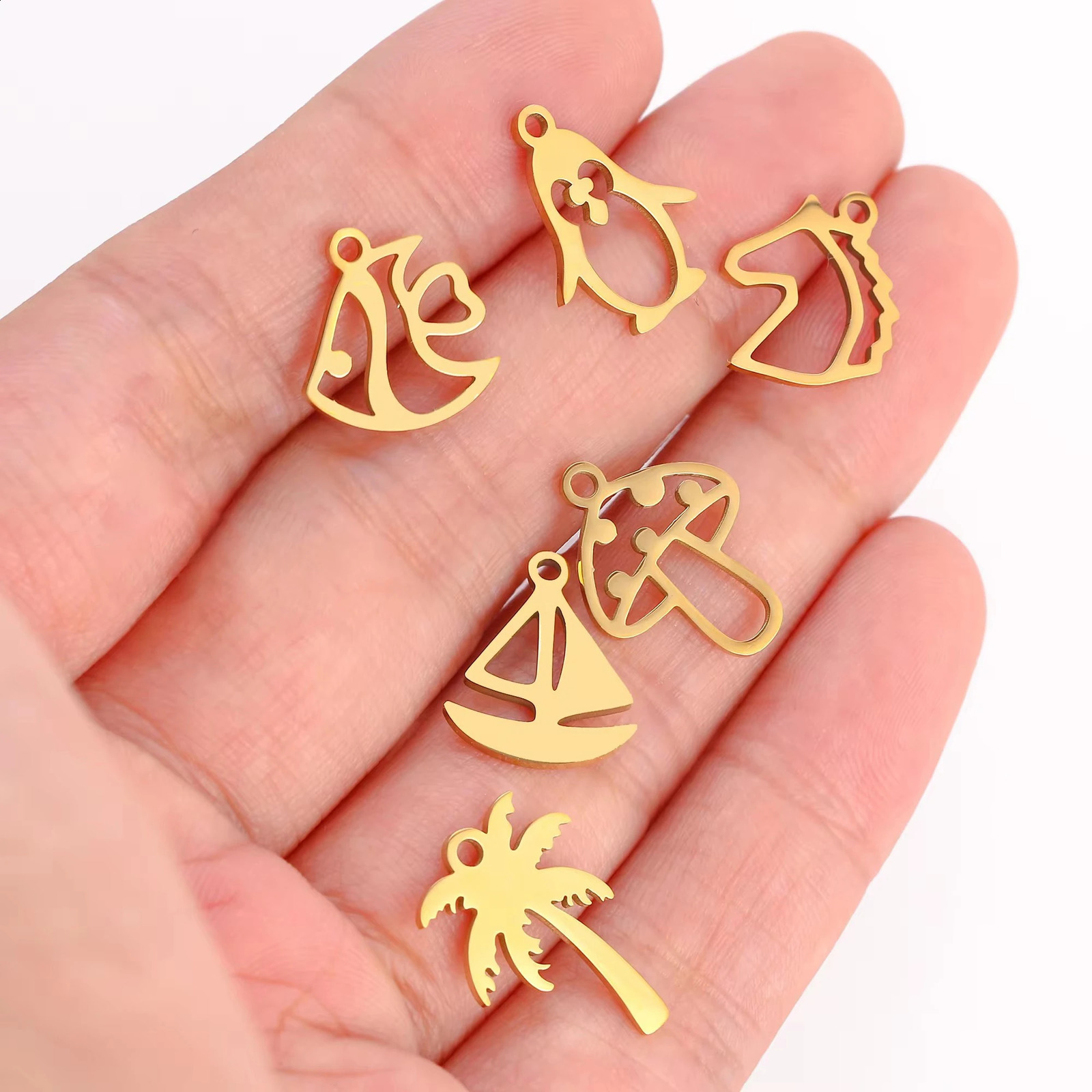5pcsLot Marine Life Charms Stainless Steel Coconut TreeRoseSailing Boat Pendants DIY Necklace Bracelet Jewelry Making 250625