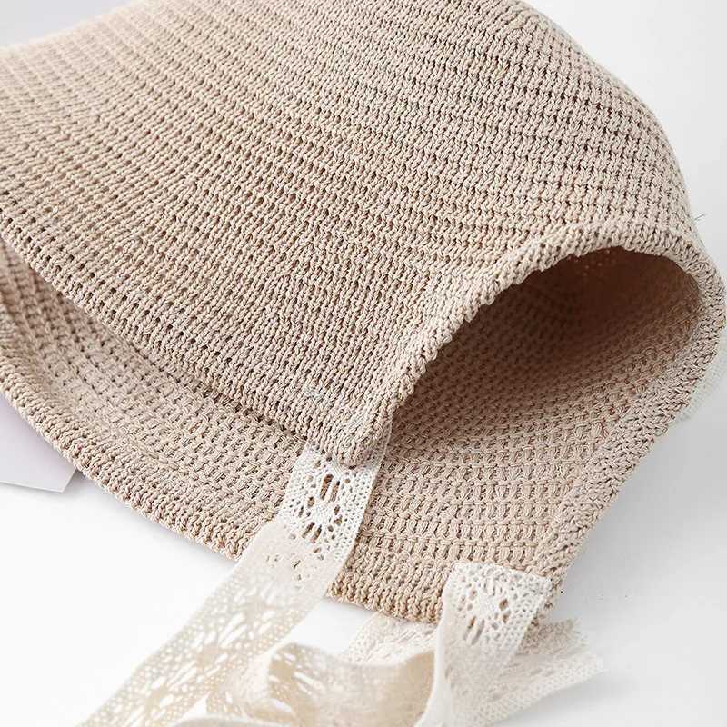 Japanese Minimalist Knit Bucket Hat For Women Wide Brim Sun Hat With Ribbon Beach Cap For Outdoor Travel City Casual Sunhat New Y250707