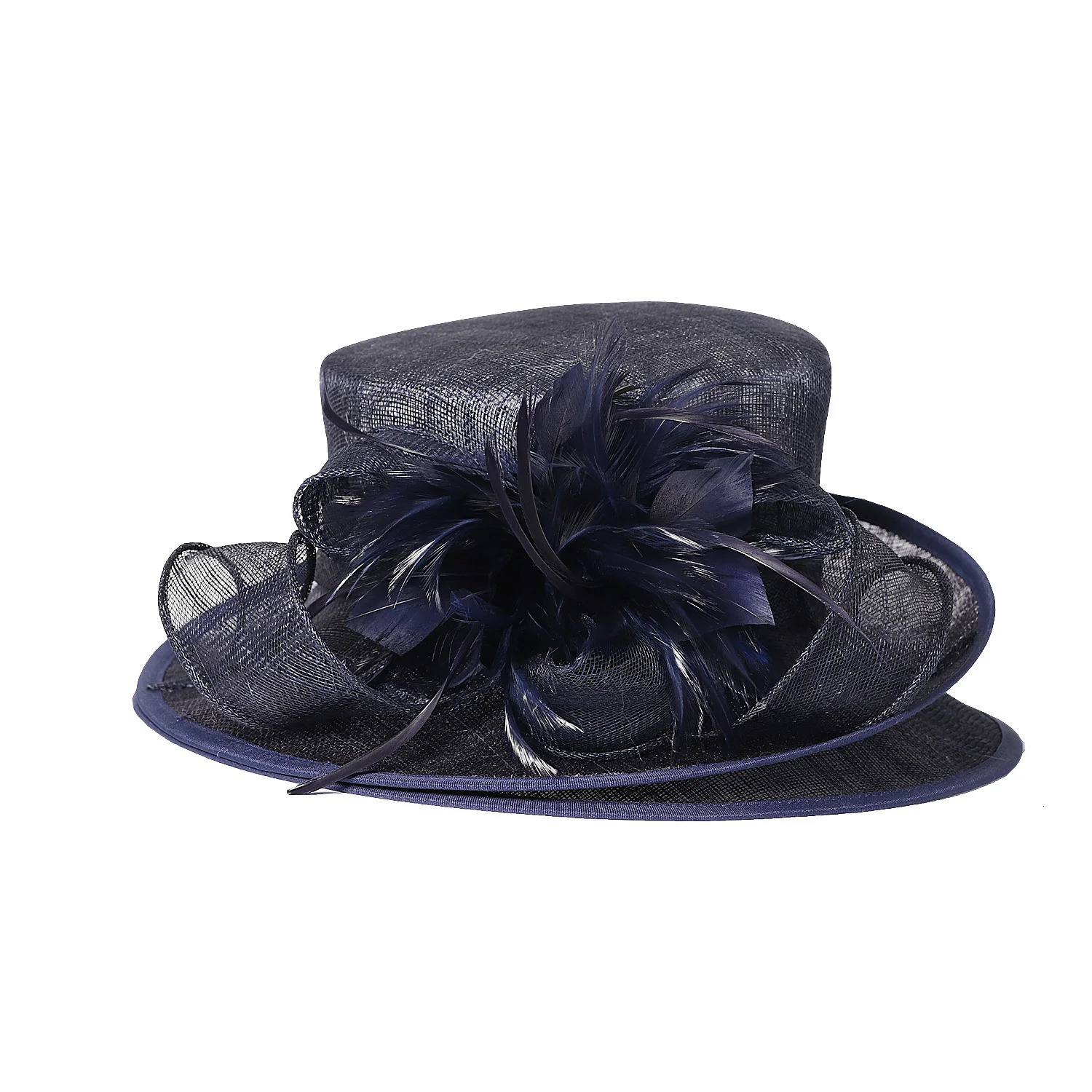 FS Sinamay Wedding Hats For Women Elegant Summer Flat Top Church Hat Navy Feather Tea Party Fascinators Fascinators 250707