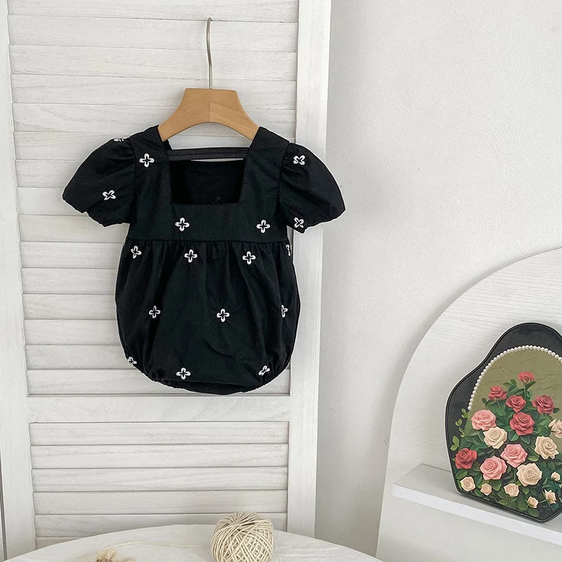 0-24M Baby Girl Clothing Cotton Summer born Baby Girl Romper Black Embroidered Flowers Cotton Toddler Baby Girls Jumpsuit 250707