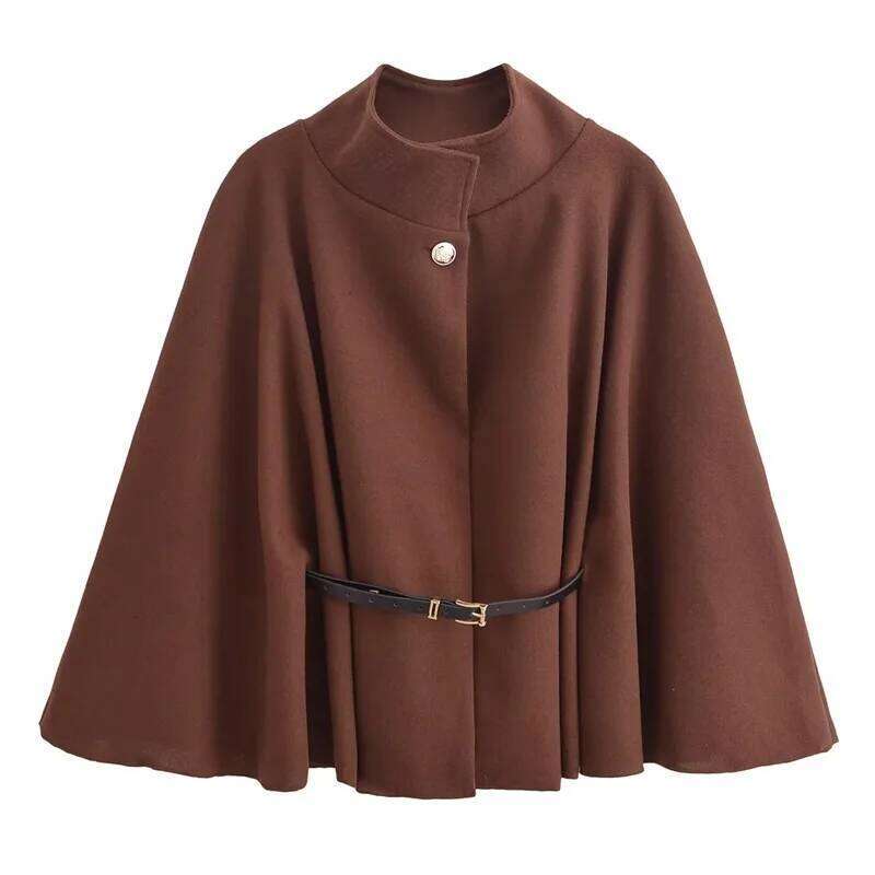 TRAF Womens Coat Short Cape For Women Belt Faux Wool & Blends Autumn Winter Solid Coats Elegant Cloak Jacket Ladies
