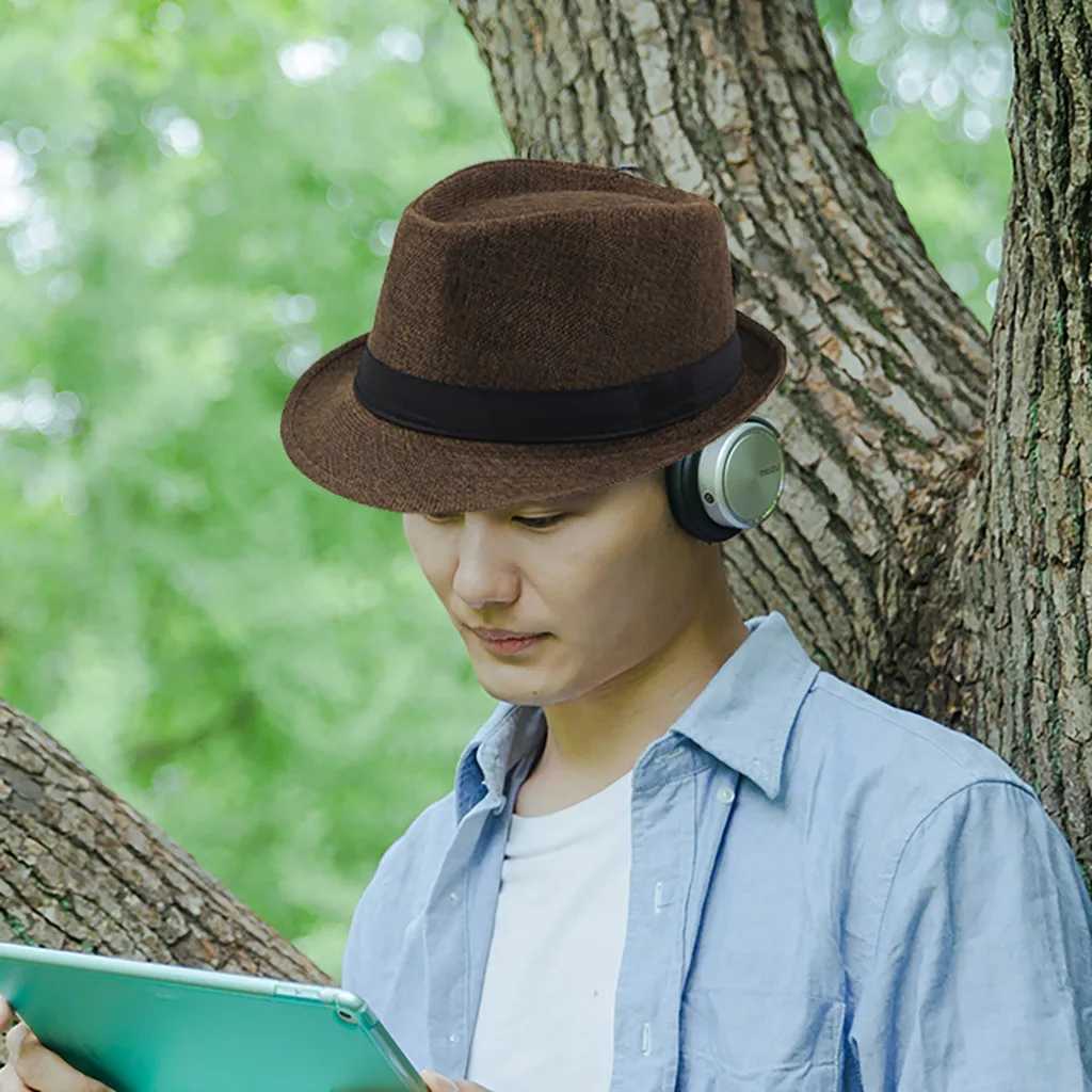 Hot Fashion Summer Casual Unisex Beach Trilby Wide Brim Jazz Sun Hat Panama Hat Paper Straw Women Men Cap With Black Ribbon Y250707
