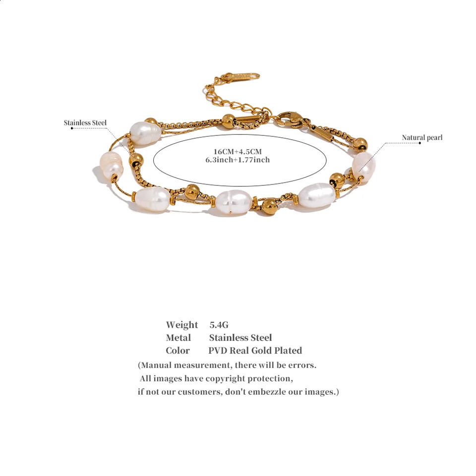 Yhpup Natural Pearls Double Layer Chain Stainless Steel Charm Bracelet Bangle Women Stylish Summer Jewelry Waterproof 250707